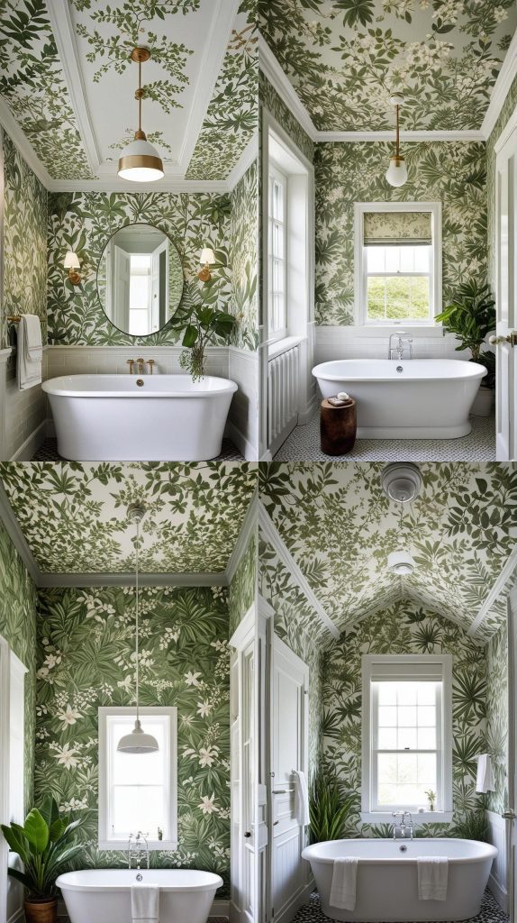 8. Ceiling Wallpaper with Botanical Motifs-Bathroom Ceiling