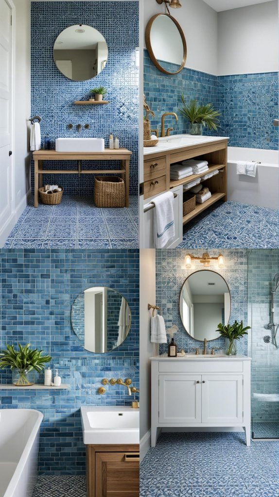 15. Coastal Vibes with Blue and White Tiles-Bathroom Tile