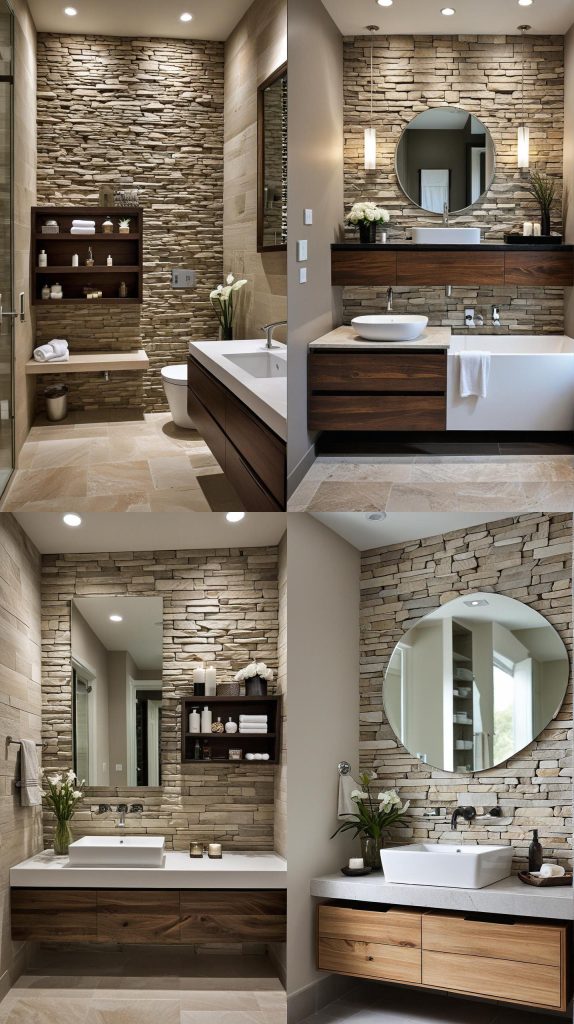 10. Natural Stone Accent Wall-Modern Bathroom