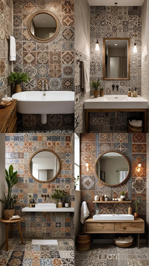 29. Textured Ceramic Tiles-Boho Bathroom