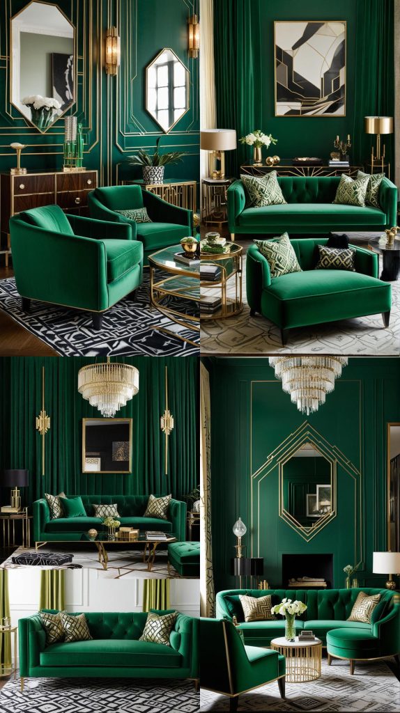 Art Deco Green Glamour-Green Living Room Designs