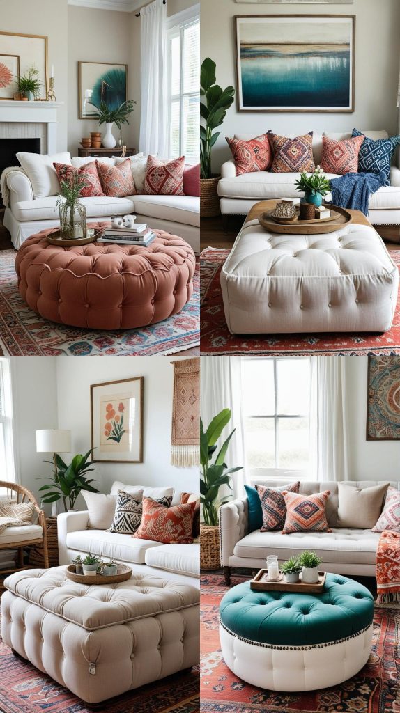 Feature a Low, Upholstered Ottoman for Comfort-Boho Chic Living Room