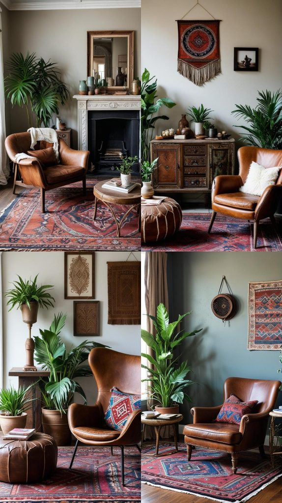 Include a Distressed Leather Chair for Depth-Boho Chic Living Room