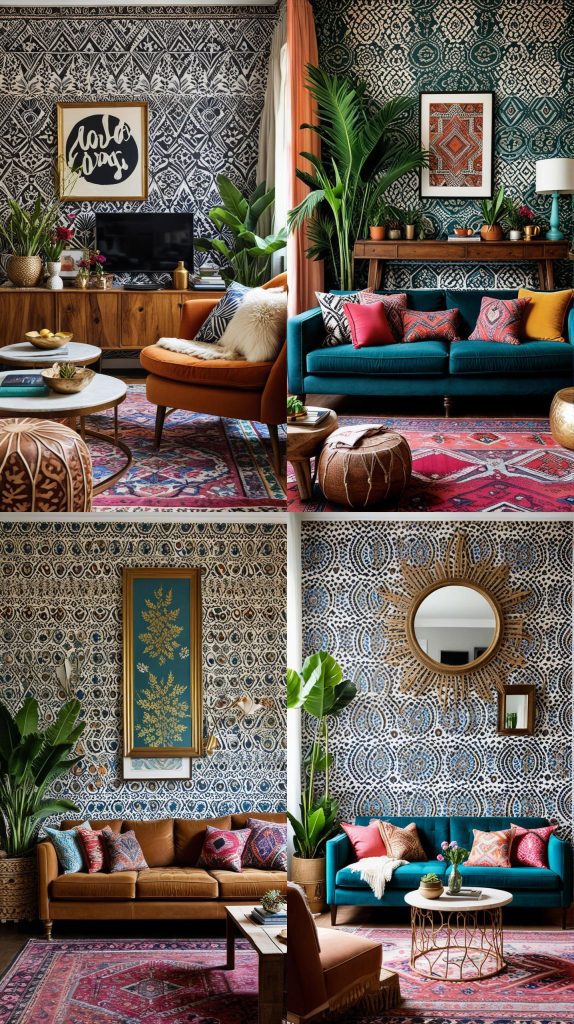 Choose a Bold, Patterned Wallpaper for One Wall-Boho Chic Living Room