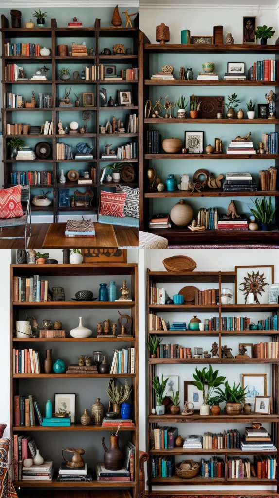 Display Books and Artifacts on Open Shelves-Boho Chic Living Room