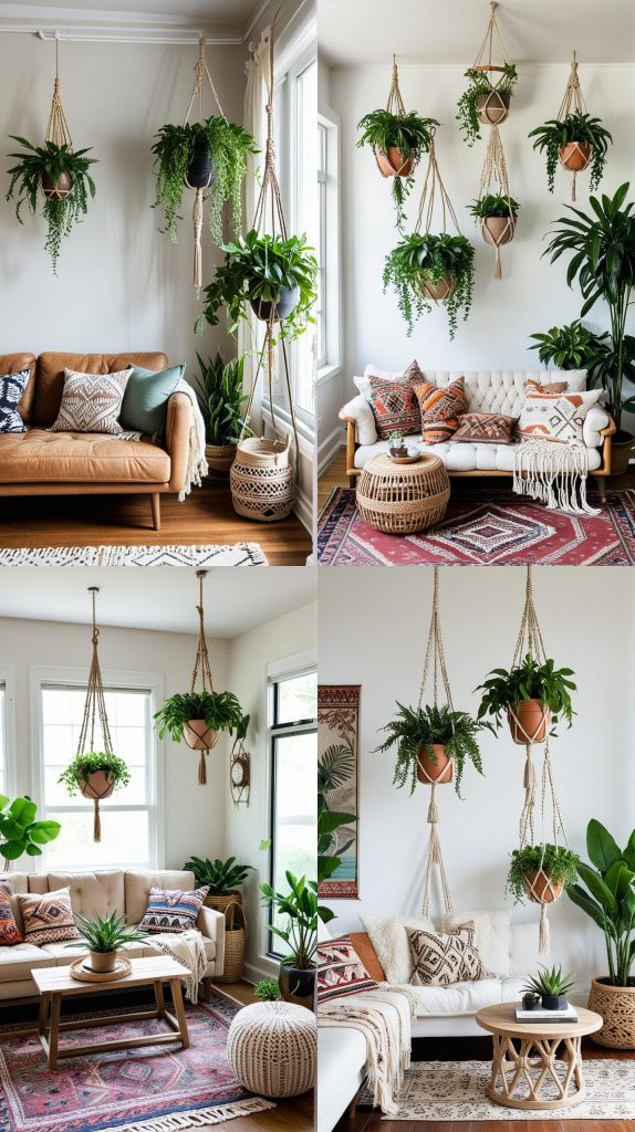 Use Macramé Plant Holders to Elevate Greenery-Boho Chic Living Room