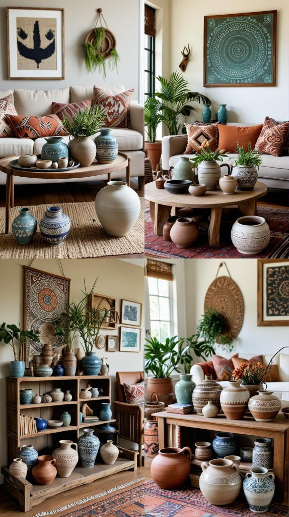 Display a Collection of Artisan Pottery-Boho Chic Living Room