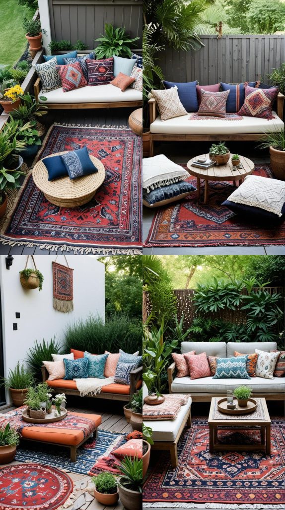 1. Layered Rugs and Cushions-Boho Outdoor Patio