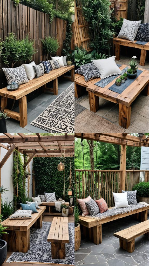 15. Rustic Wood Benches-Boho Outdoor Patio