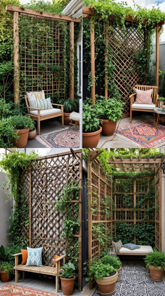 30. Wooden Trellis with Vines-Boho Outdoor Patio