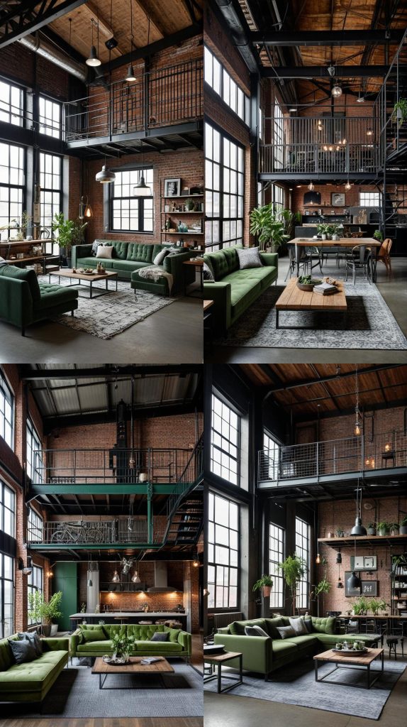 Industrial Green Loft-Green Living Room Designs