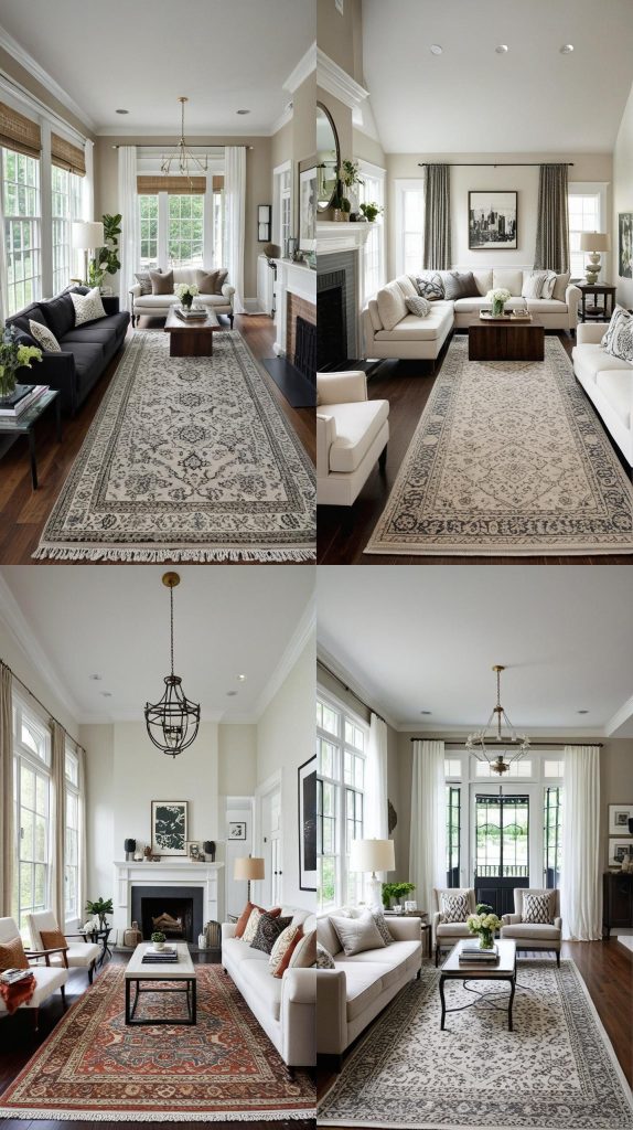 Use a Large Area Rug to Define the Space-Long Narrow Living Room