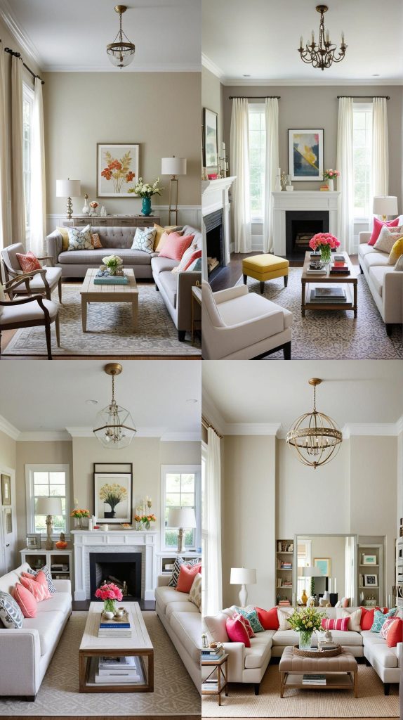 Use a Neutral Palette with Pops of Color-Long Narrow Living Room