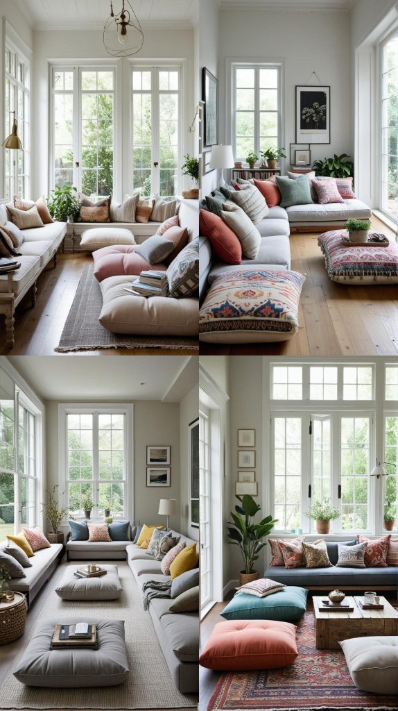 Use Oversized Floor Cushions for Casual Seating-Long Narrow Living Room