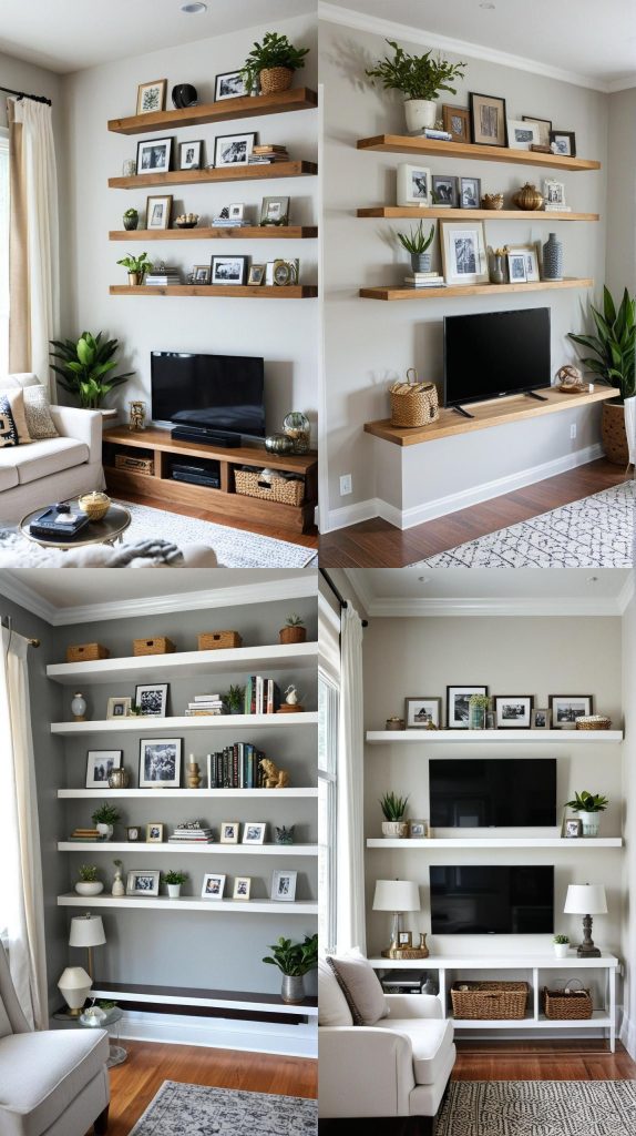 Install Floating Shelves for Vertical Storage-Long Narrow Living Room