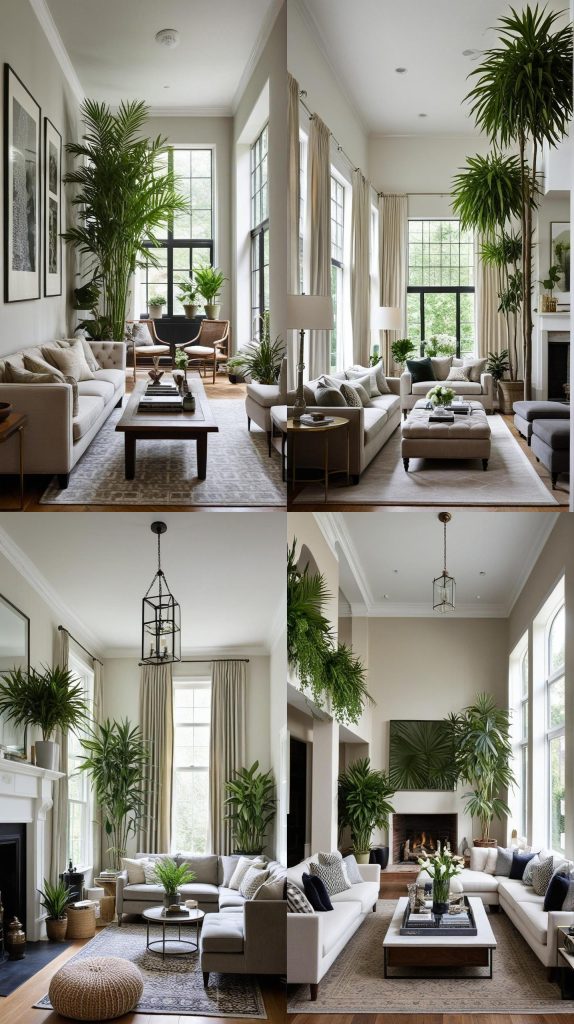 Use Tall Plants to Add Height and Interest-Long Narrow Living Room