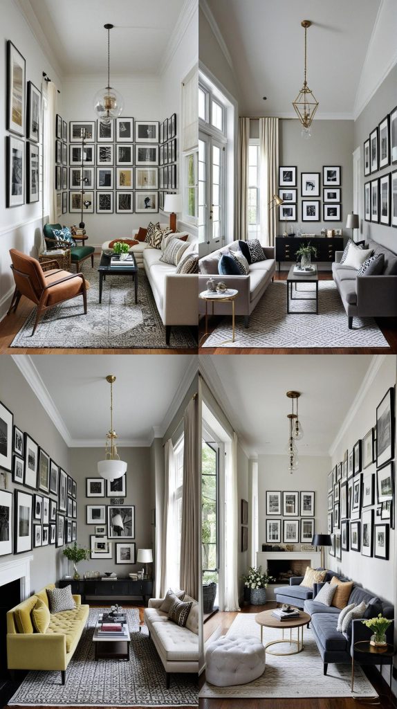 Create a Gallery Wall to Draw the Eye Upward-Long Narrow Living Room