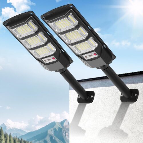 Solar Street Lights Outdoor 2 Pack, 6500K Solar Lights Outdoor Waterproof with Motion Sensor, Lamparas Luces Solares para Exteriores Dusk to Dawn Commercial Lighting for Yard Path